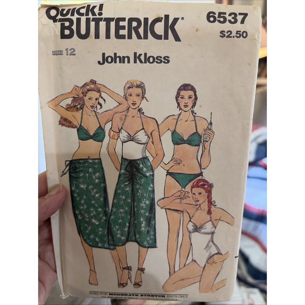 Vintage Butterick 6537 John Kloss Swimsuit Bikini Skirt Sewing Pattern Size 12
